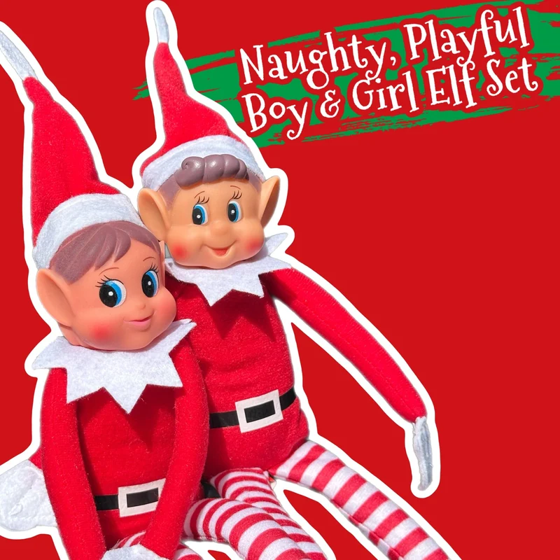 GLOW - Set di 2 elfi natalizi giocosi con corpo morbido, viso in vinile, impugnatura in velcro, elfi che si comportano male per Natale, famiglia, elfi, elfie, elfi, giocattolo per ragazzi e ragazze