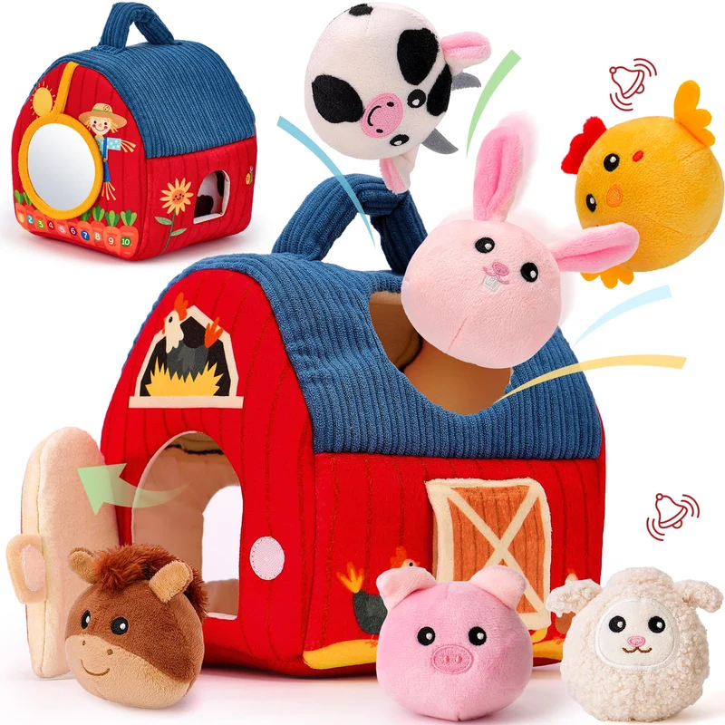 hahaland Animali di Peluche per Neonato 6-12 mesi, 6 mini Animali da Fattoria con Suoni, Palla Neonato con Sonaglio, Montessori 6 mesi, Regalo Bambino