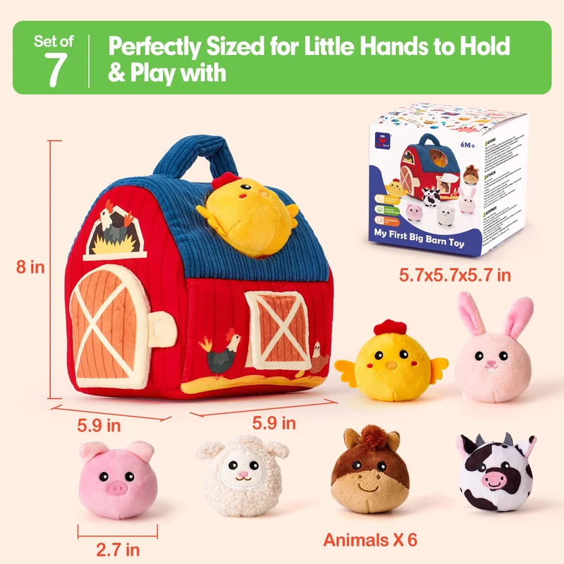 hahaland Animali di Peluche per Neonato 6-12 mesi, 6 mini Animali da Fattoria con Suoni, Palla Neonato con Sonaglio, Montessori 6 mesi, Regalo Bambino