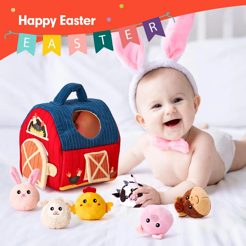 hahaland Animali di Peluche per Neonato 6-12 mesi, 6 mini Animali da Fattoria con Suoni, Palla Neonato con Sonaglio, Montessori 6 mesi, Regalo Bambino