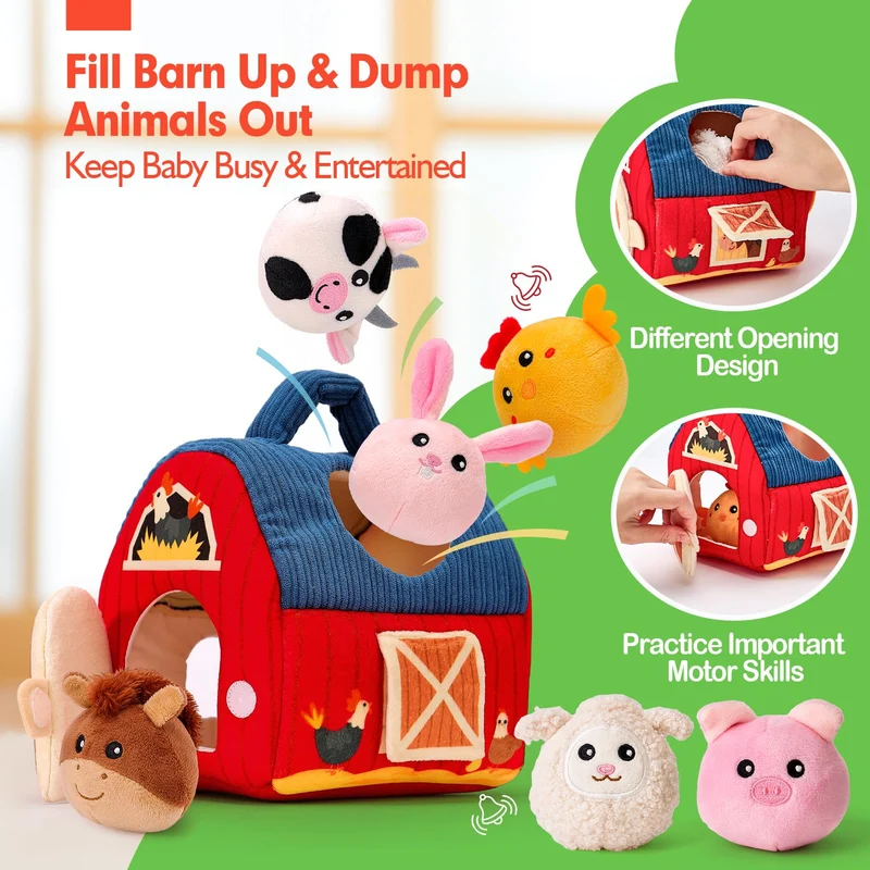 hahaland Animali di Peluche per Neonato 6-12 mesi, 6 mini Animali da Fattoria con Suoni, Palla Neonato con Sonaglio, Montessori 6 mesi, Regalo Bambino