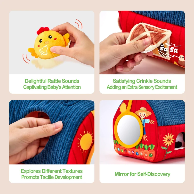 hahaland Animali di Peluche per Neonato 6-12 mesi, 6 mini Animali da Fattoria con Suoni, Palla Neonato con Sonaglio, Montessori 6 mesi, Regalo Bambino