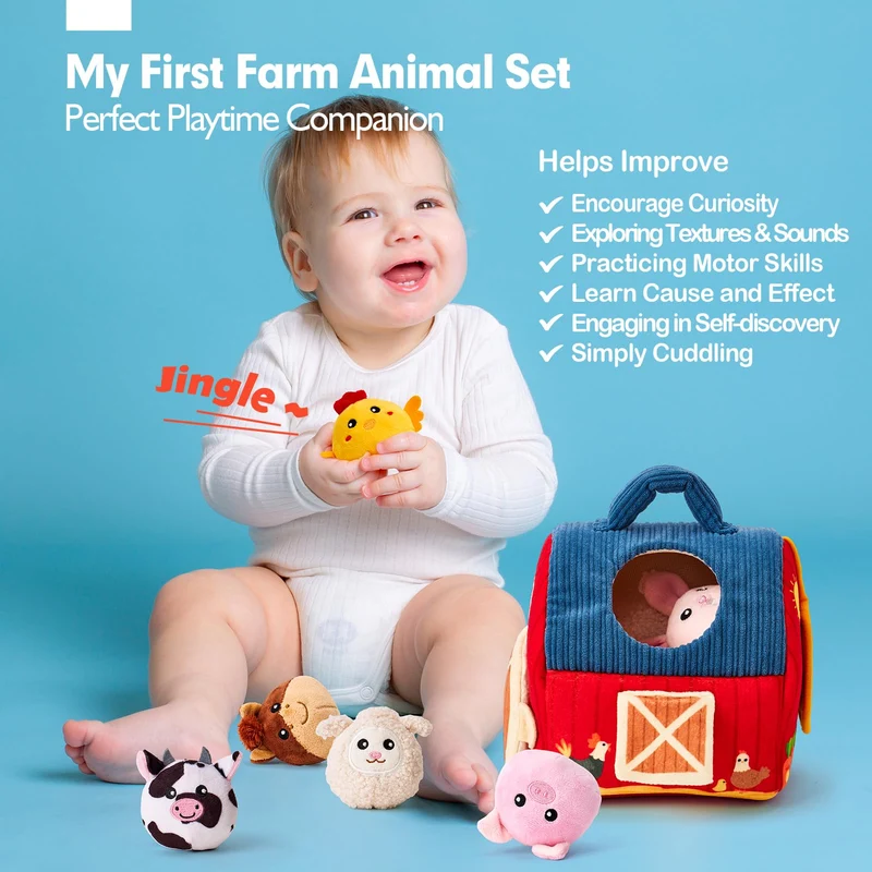 hahaland Animali di Peluche per Neonato 6-12 mesi, 6 mini Animali da Fattoria con Suoni, Palla Neonato con Sonaglio, Montessori 6 mesi, Regalo Bambino