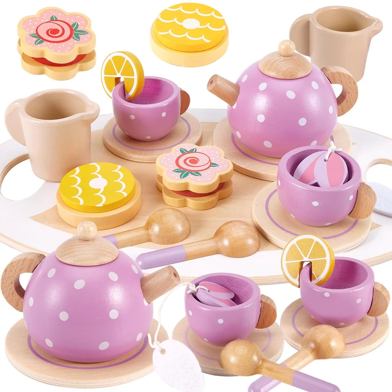 AOLEVA Set da Tè Giocattoli in Legno, Set Cucina Legno Bambini Accessori Cucina Giocattolo Servizio da Tè Gioco di Imitazione Regalo per Bambini Bambina 3 4 5 Anni