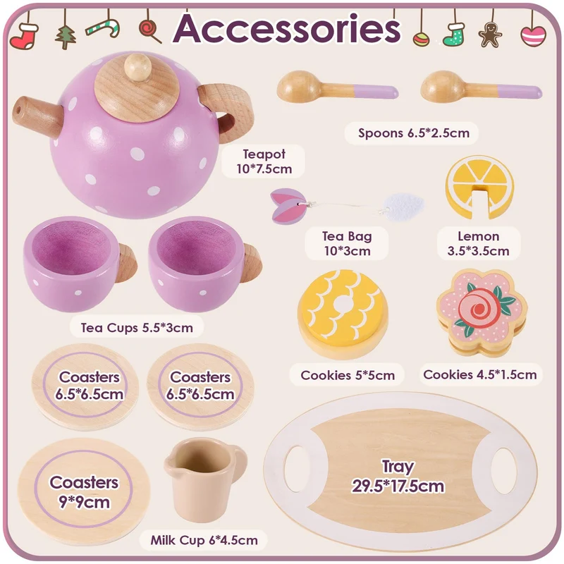 AOLEVA Set da Tè Giocattoli in Legno, Set Cucina Legno Bambini Accessori Cucina Giocattolo Servizio da Tè Gioco di Imitazione Regalo per Bambini Bambina 3 4 5 Anni