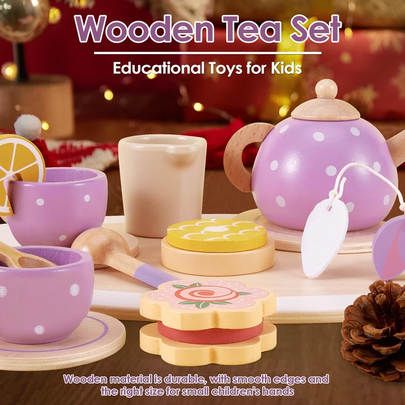 AOLEVA Set da Tè Giocattoli in Legno, Set Cucina Legno Bambini Accessori Cucina Giocattolo Servizio da Tè Gioco di Imitazione Regalo per Bambini Bambina 3 4 5 Anni
