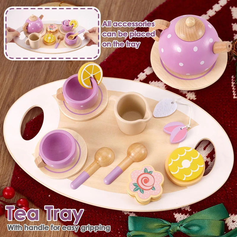 AOLEVA Set da Tè Giocattoli in Legno, Set Cucina Legno Bambini Accessori Cucina Giocattolo Servizio da Tè Gioco di Imitazione Regalo per Bambini Bambina 3 4 5 Anni