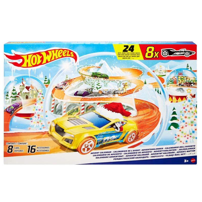 Hot Wheels - Calendario dell'Avvento 2024, 24 finestrelle numerate con sorprese e Tappetino di Gioco, 8 macchinine e 16 Accessori a Tema Invernale, Giocattolo per Bambini, 3+ Anni, HTG00