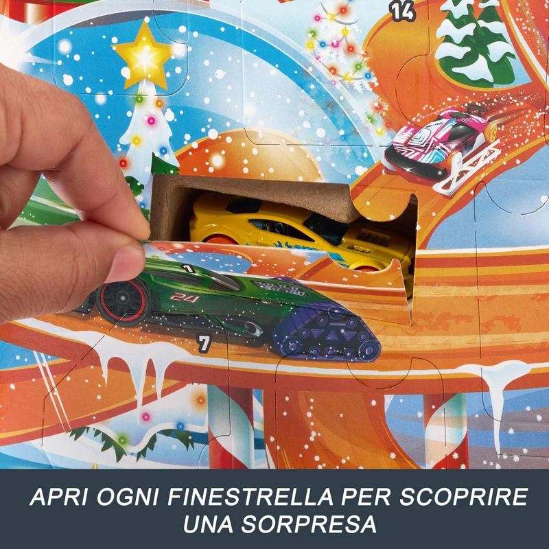 Hot Wheels - Calendario dell'Avvento 2024, 24 finestrelle numerate con sorprese e Tappetino di Gioco, 8 macchinine e 16 Accessori a Tema Invernale, Giocattolo per Bambini, 3+ Anni, HTG00