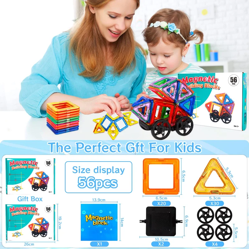 AOUVT 56 Pcs Costruzioni Magnetiche，Costruzioni Magnetiche Giochi Bambini，Divertente Giocattolo da Costruzione Educativo，Scelta Regalo Perfetta per Ragazzi e Ragazze dai 3 Agli 8 Anni