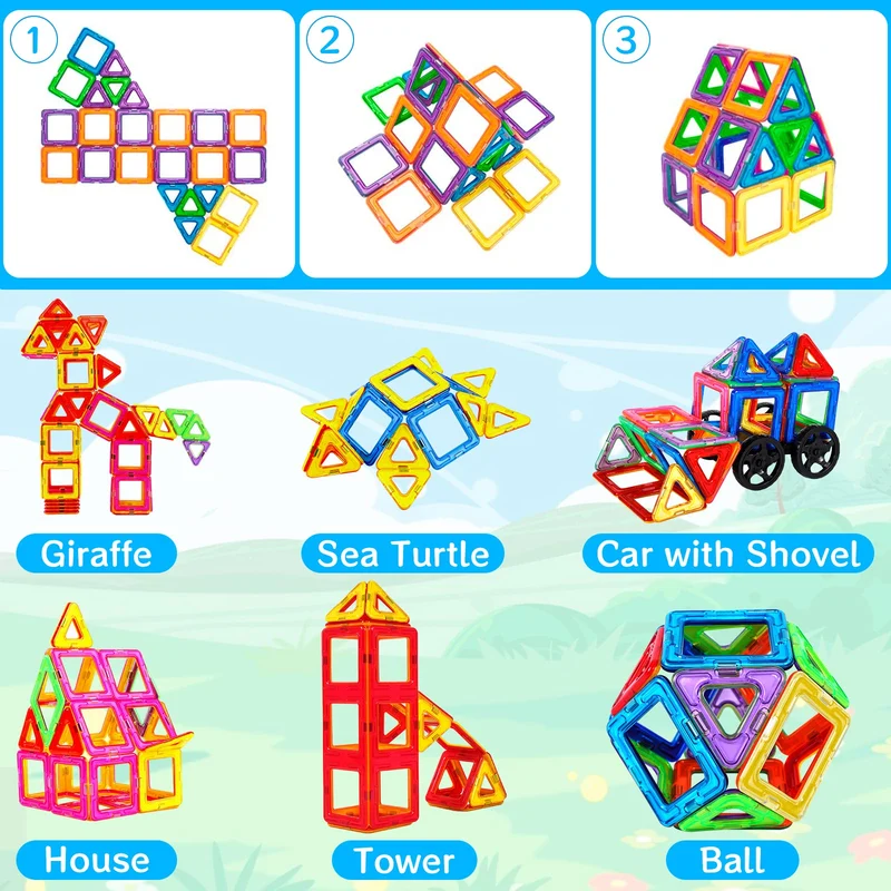 AOUVT 56 Pcs Costruzioni Magnetiche，Costruzioni Magnetiche Giochi Bambini，Divertente Giocattolo da Costruzione Educativo，Scelta Regalo Perfetta per Ragazzi e Ragazze dai 3 Agli 8 Anni