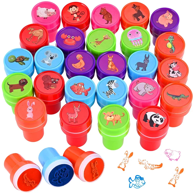 Faburo 26Pz Timbri Bambini Sigillo Animale, Cartoni Animati Kit Set di Strumenti Auto Inchiostrazione Timbri, Regali per Feste per Bambini