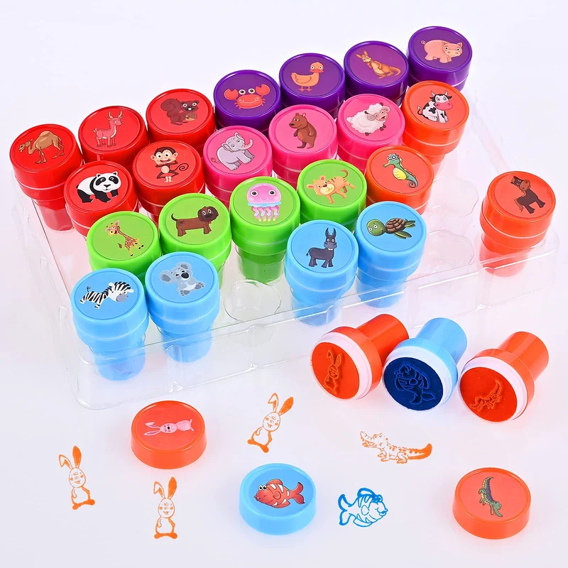 Faburo 26Pz Timbri Bambini Sigillo Animale, Cartoni Animati Kit Set di Strumenti Auto Inchiostrazione Timbri, Regali per Feste per Bambini