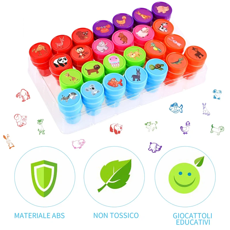 Faburo 26Pz Timbri Bambini Sigillo Animale, Cartoni Animati Kit Set di Strumenti Auto Inchiostrazione Timbri, Regali per Feste per Bambini