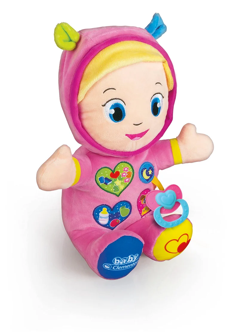 Baby Clementoni - Alice, la Mia Prima Bambola, Peluche Bambini 10+ Mesi, Centro Attività con Ciuccio e 3 Tasti per Imparare Forme, Numeri, Colori, Parole e Versi degli Animali, Lingua Italiana, 17201