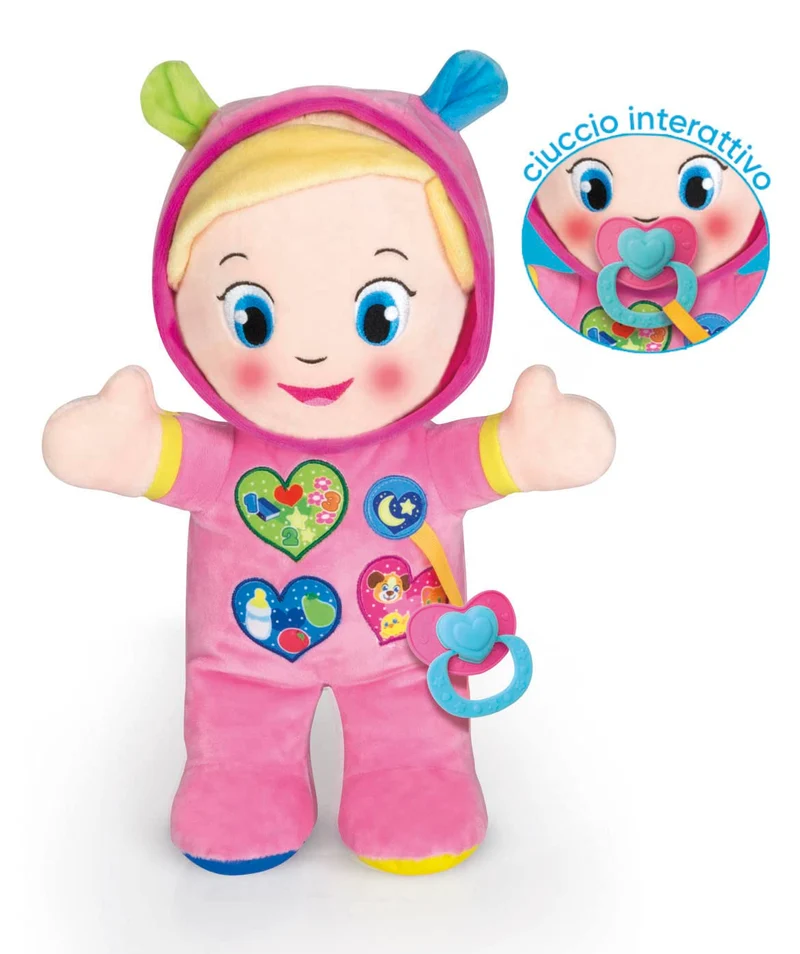 Baby Clementoni - Alice, la Mia Prima Bambola, Peluche Bambini 10+ Mesi, Centro Attività con Ciuccio e 3 Tasti per Imparare Forme, Numeri, Colori, Parole e Versi degli Animali, Lingua Italiana, 17201