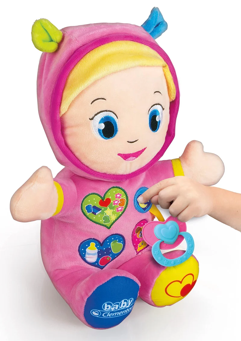 Baby Clementoni - Alice, la Mia Prima Bambola, Peluche Bambini 10+ Mesi, Centro Attività con Ciuccio e 3 Tasti per Imparare Forme, Numeri, Colori, Parole e Versi degli Animali, Lingua Italiana, 17201