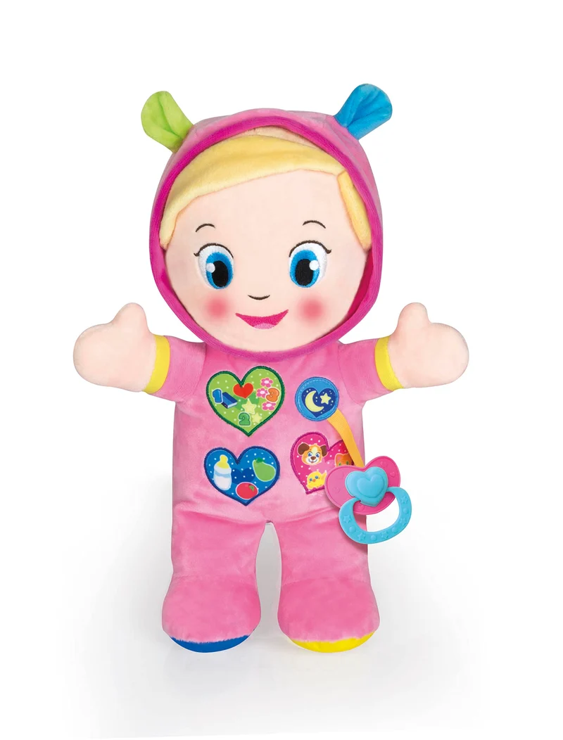 Baby Clementoni - Alice, la Mia Prima Bambola, Peluche Bambini 10+ Mesi, Centro Attività con Ciuccio e 3 Tasti per Imparare Forme, Numeri, Colori, Parole e Versi degli Animali, Lingua Italiana, 17201