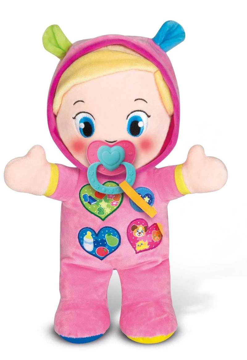 Baby Clementoni - Alice, la Mia Prima Bambola, Peluche Bambini 10+ Mesi, Centro Attività con Ciuccio e 3 Tasti per Imparare Forme, Numeri, Colori, Parole e Versi degli Animali, Lingua Italiana, 17201