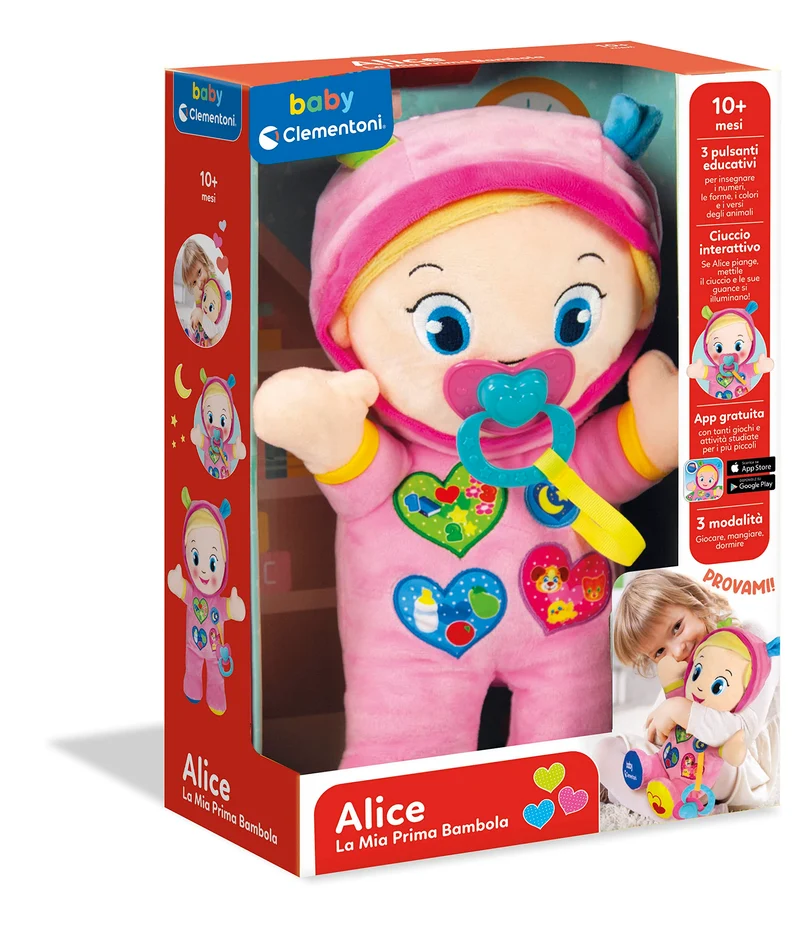 Baby Clementoni - Alice, la Mia Prima Bambola, Peluche Bambini 10+ Mesi, Centro Attività con Ciuccio e 3 Tasti per Imparare Forme, Numeri, Colori, Parole e Versi degli Animali, Lingua Italiana, 17201