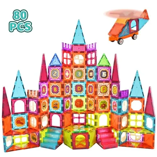 Gavgroom Costruzioni Magnetiche 80 Pezzi Colorati Costruzioni per Bambini 3 Anni Magneti Bambini con 1 Auto Tessere Magnetiche per Bambini da 3 4 5 6 7 8