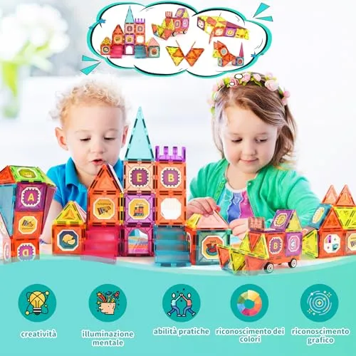 Gavgroom Costruzioni Magnetiche 80 Pezzi Colorati Costruzioni per Bambini 3 Anni Magneti Bambini con 1 Auto Tessere Magnetiche per Bambini da 3 4 5 6 7 8