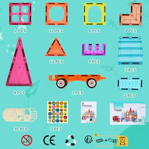 Gavgroom Costruzioni Magnetiche 80 Pezzi Colorati Costruzioni per Bambini 3 Anni Magneti Bambini con 1 Auto Tessere Magnetiche per Bambini da 3 4 5 6 7 8
