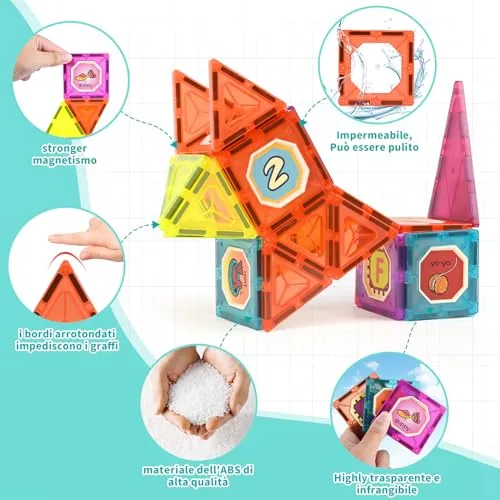 Gavgroom Costruzioni Magnetiche 80 Pezzi Colorati Costruzioni per Bambini 3 Anni Magneti Bambini con 1 Auto Tessere Magnetiche per Bambini da 3 4 5 6 7 8
