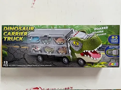JOYIN 13 Pcs Dinosaur Toy Car Transporter for Kids, con 12 veicoli dinosauro retrattili, 1 camion trasporto dinosauri giocattolo con musica, suoni, luci, 1 elicottero