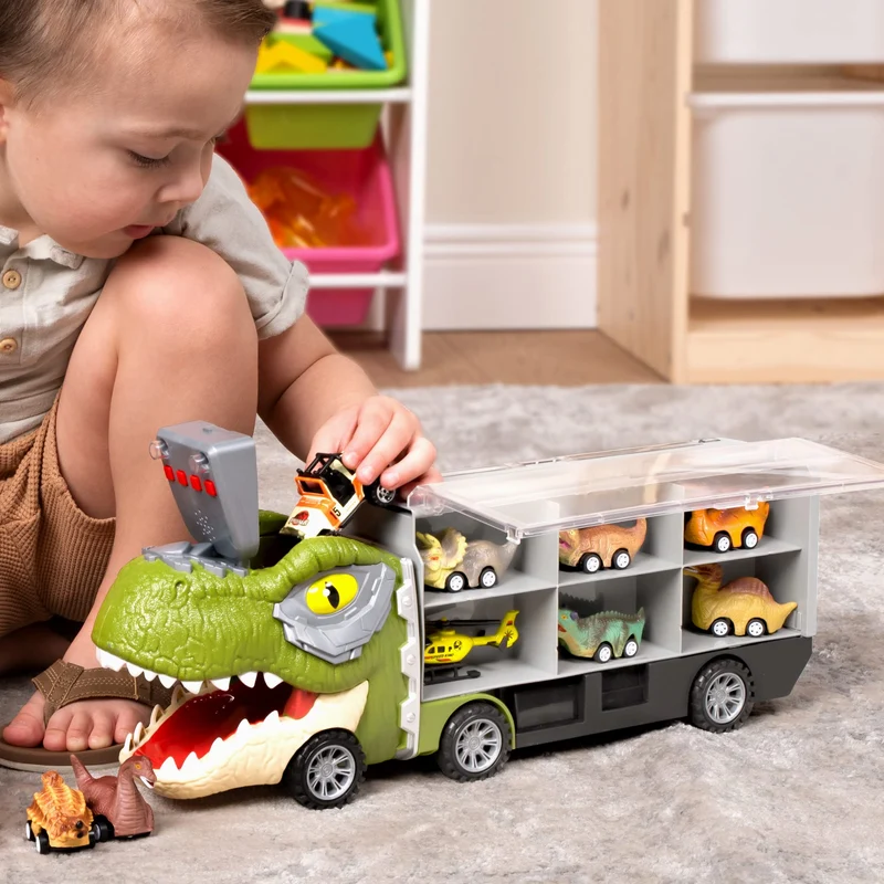 JOYIN 13 Pcs Dinosaur Toy Car Transporter for Kids, con 12 veicoli dinosauro retrattili, 1 camion trasporto dinosauri giocattolo con musica, suoni, luci, 1 elicottero