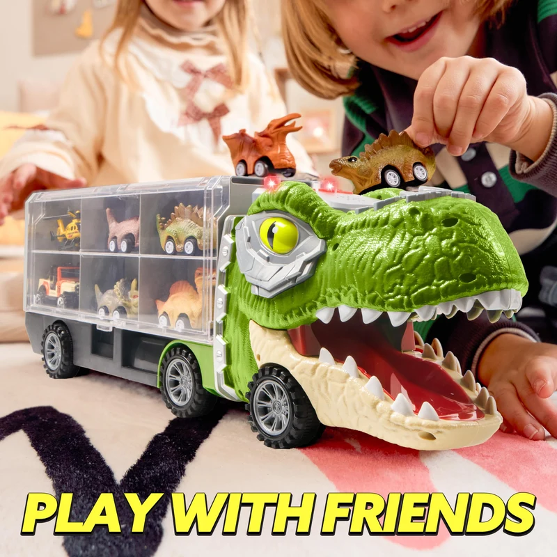 JOYIN 13 Pcs Dinosaur Toy Car Transporter for Kids, con 12 veicoli dinosauro retrattili, 1 camion trasporto dinosauri giocattolo con musica, suoni, luci, 1 elicottero
