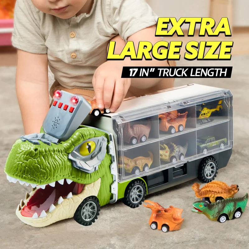 JOYIN 13 Pcs Dinosaur Toy Car Transporter for Kids, con 12 veicoli dinosauro retrattili, 1 camion trasporto dinosauri giocattolo con musica, suoni, luci, 1 elicottero