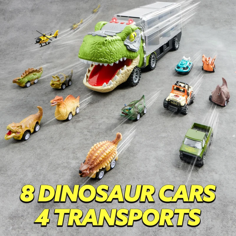 JOYIN 13 Pcs Dinosaur Toy Car Transporter for Kids, con 12 veicoli dinosauro retrattili, 1 camion trasporto dinosauri giocattolo con musica, suoni, luci, 1 elicottero