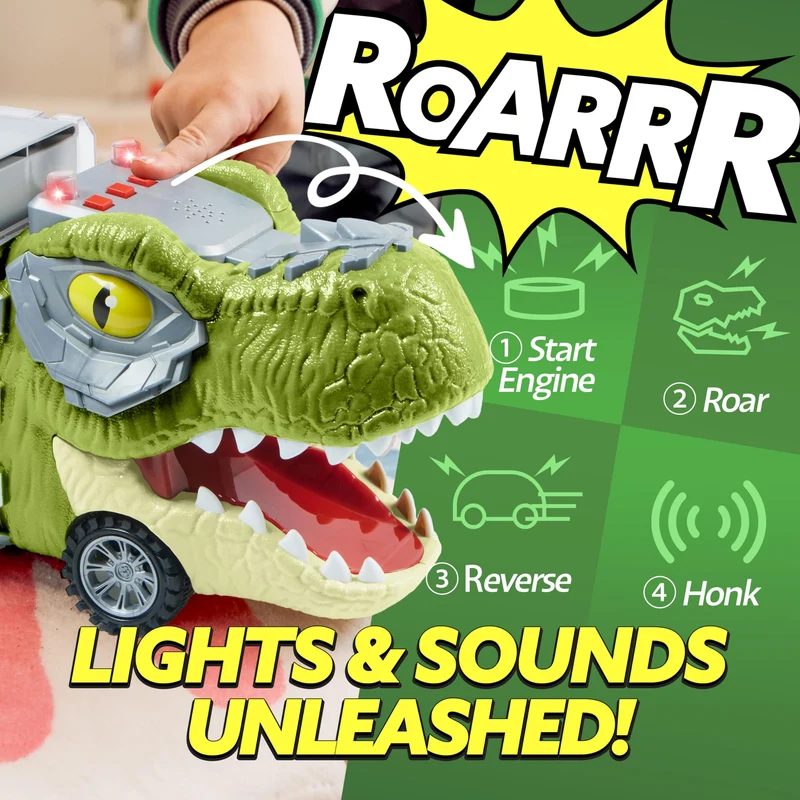 JOYIN 13 Pcs Dinosaur Toy Car Transporter for Kids, con 12 veicoli dinosauro retrattili, 1 camion trasporto dinosauri giocattolo con musica, suoni, luci, 1 elicottero