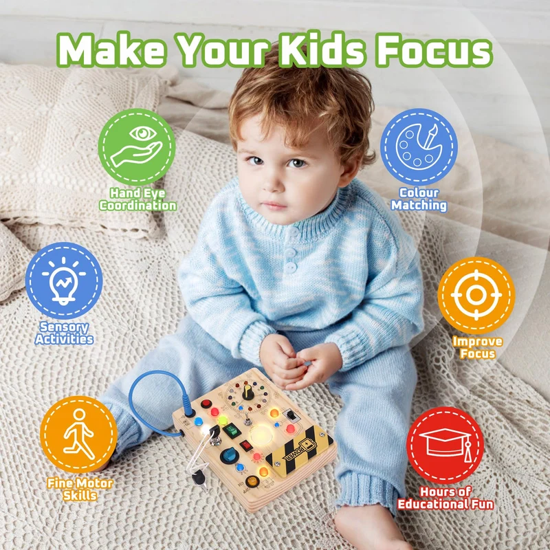 Giochi Montessori 1 anno per Bambini Montessori Busy Board Giochi Legno con 10 Interruttori e 23 luci LED Giochi Sensoriali Giocattolo sensoriale di apprendimento Adatto per 1 2 3 4 anni Bambin