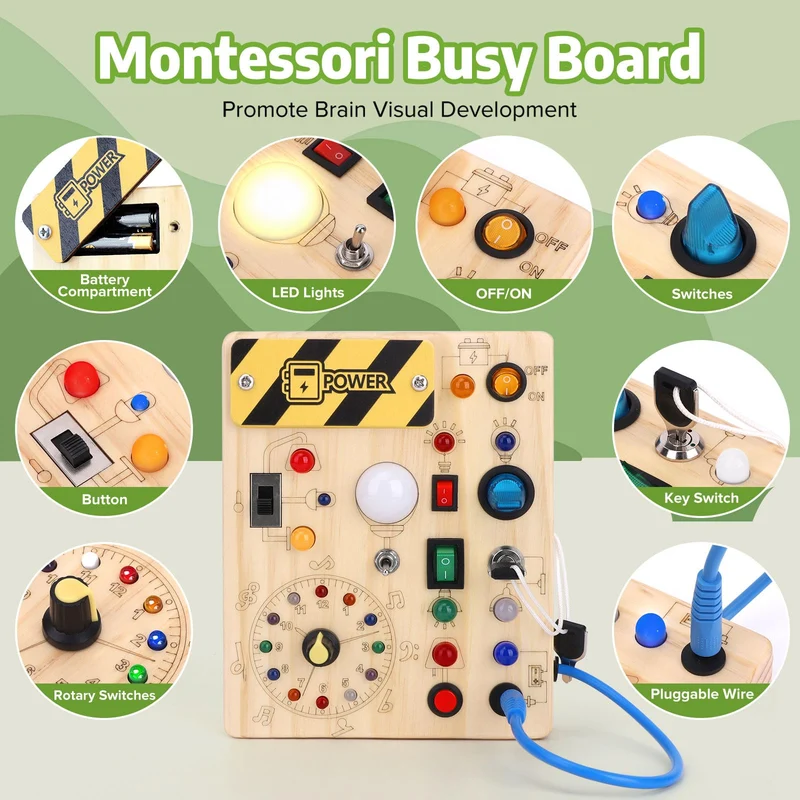 Giochi Montessori 1 anno per Bambini Montessori Busy Board Giochi Legno con 10 Interruttori e 23 luci LED Giochi Sensoriali Giocattolo sensoriale di apprendimento Adatto per 1 2 3 4 anni Bambin