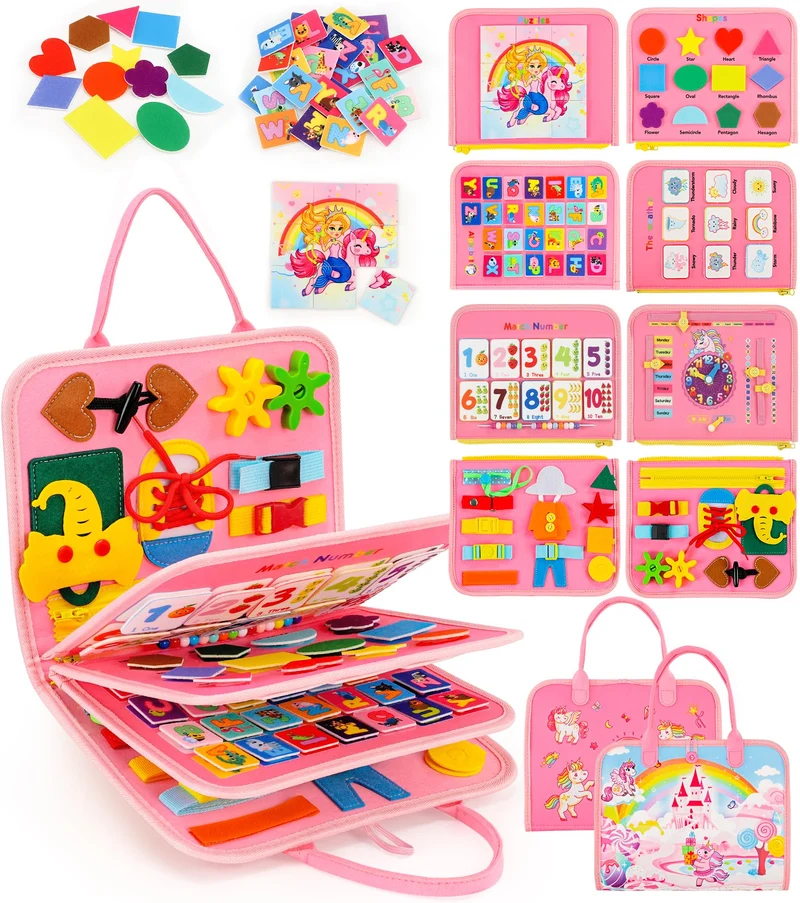 Gontence Busy Board per Bambini | Giochi Montessori per 2 3 4 5 Anni Tavola Sensoriali per Giocattoli attività Giocattolo Educativo per Apprendere Le Abilità di Base della Vita Unicorno, Rosa