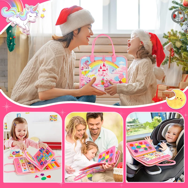 Gontence Busy Board per Bambini | Giochi Montessori per 2 3 4 5 Anni Tavola Sensoriali per Giocattoli attività Giocattolo Educativo per Apprendere Le Abilità di Base della Vita Unicorno, Rosa