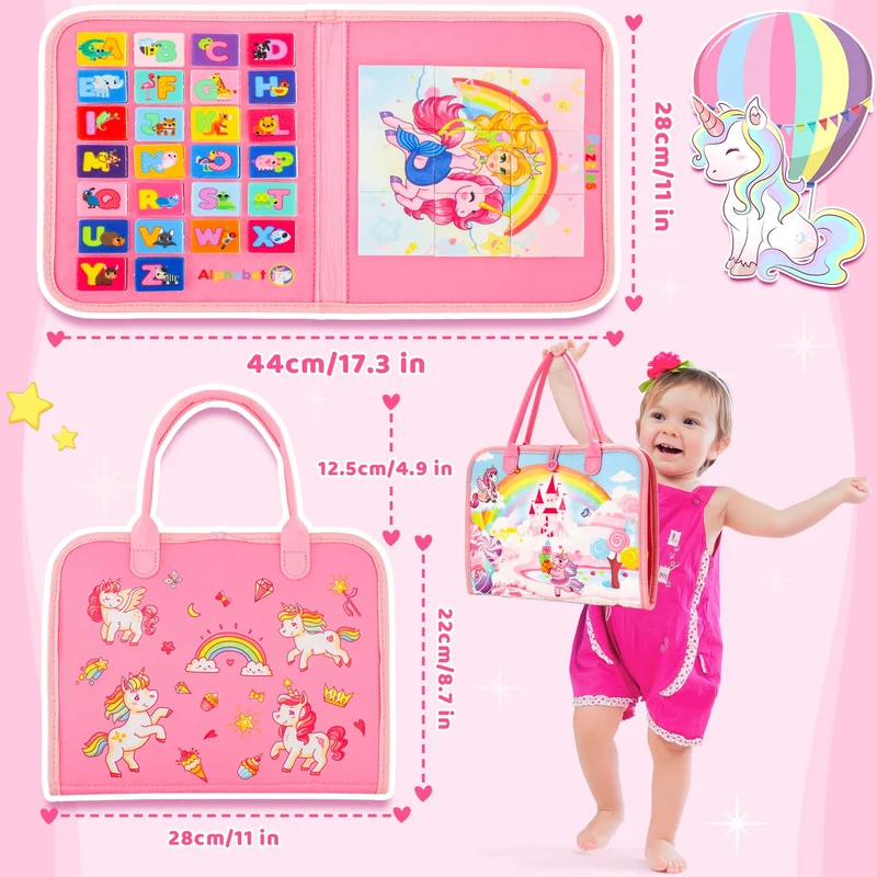 Gontence Busy Board per Bambini | Giochi Montessori per 2 3 4 5 Anni Tavola Sensoriali per Giocattoli attività Giocattolo Educativo per Apprendere Le Abilità di Base della Vita Unicorno, Rosa