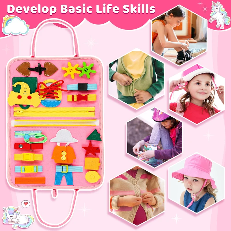 Gontence Busy Board per Bambini | Giochi Montessori per 2 3 4 5 Anni Tavola Sensoriali per Giocattoli attività Giocattolo Educativo per Apprendere Le Abilità di Base della Vita Unicorno, Rosa