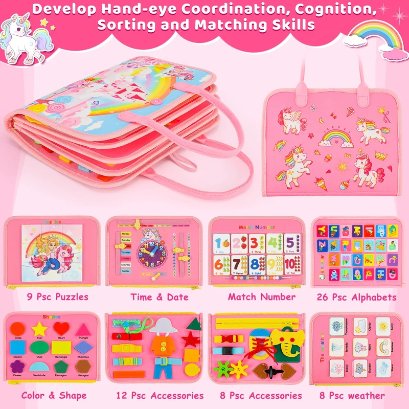 Gontence Busy Board per Bambini | Giochi Montessori per 2 3 4 5 Anni Tavola Sensoriali per Giocattoli attività Giocattolo Educativo per Apprendere Le Abilità di Base della Vita Unicorno, Rosa