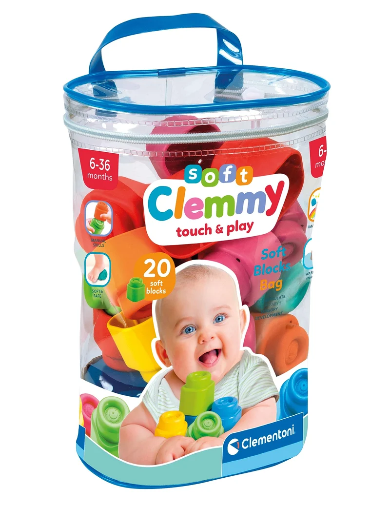 Clementoni-Soft Sacca 20 Set Costruzioni Prima Infanzia, Mattoncini Morbidi Clemmy, Blocchi Bambini 6 Mesi, Gioco Sensoriale, Impilabili, 100% Lavabili, Made in Italy, Colore Multilingua