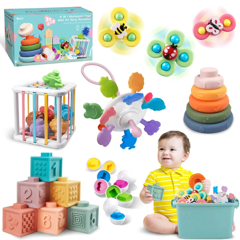 Weilim Giochi per bambini dai 6 ai 12 mesi, giochi Montessori per neonati, giocattoli sensoriali, giocattoli da bagno 6 in 1 con blocchi e anelli impilabili, uova da abbinare