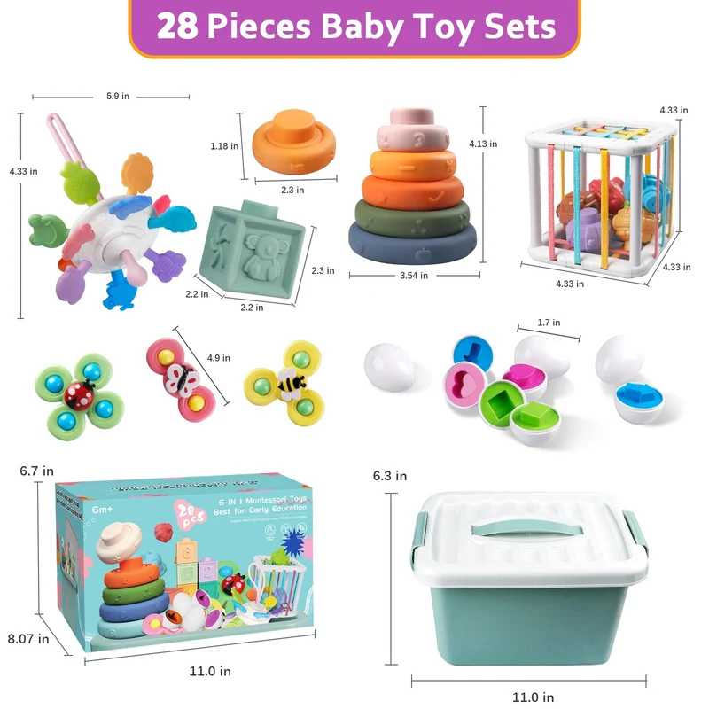 Weilim Giochi per bambini dai 6 ai 12 mesi, giochi Montessori per neonati, giocattoli sensoriali, giocattoli da bagno 6 in 1 con blocchi e anelli impilabili, uova da abbinare