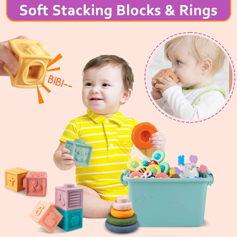 Weilim Giochi per bambini dai 6 ai 12 mesi, giochi Montessori per neonati, giocattoli sensoriali, giocattoli da bagno 6 in 1 con blocchi e anelli impilabili, uova da abbinare