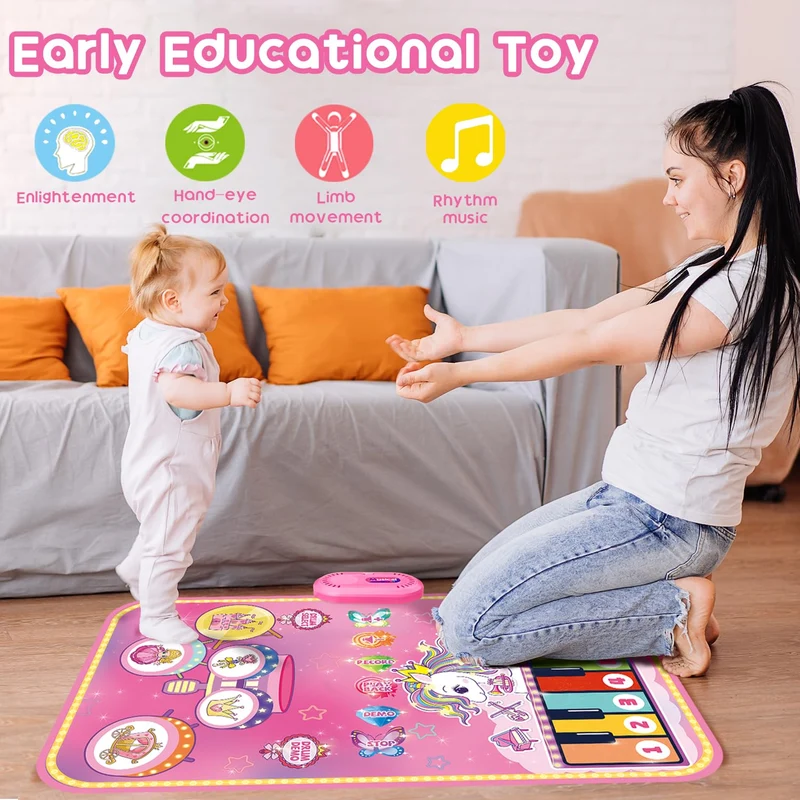 Lobyoh Giocattoli per Bambini di 1 Anno, Tappeto Musicale 2 in 1 con Pianoforte e Tamburo per Bambini, Tappeto Sonoro Regalo Principessa per Ragazze di 1 2 3 4 5 Anni