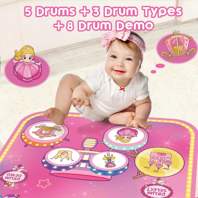 Lobyoh Giocattoli per Bambini di 1 Anno, Tappeto Musicale 2 in 1 con Pianoforte e Tamburo per Bambini, Tappeto Sonoro Regalo Principessa per Ragazze di 1 2 3 4 5 Anni