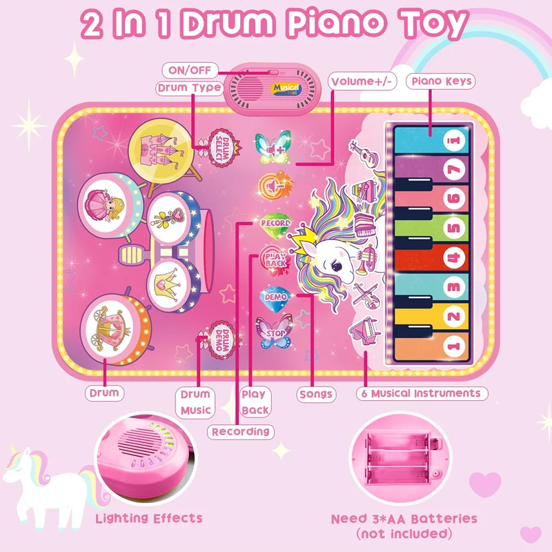 Lobyoh Giocattoli per Bambini di 1 Anno, Tappeto Musicale 2 in 1 con Pianoforte e Tamburo per Bambini, Tappeto Sonoro Regalo Principessa per Ragazze di 1 2 3 4 5 Anni