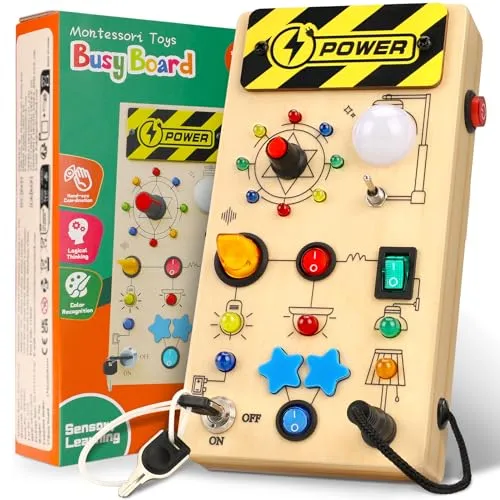 Ophy Giochi Montessori Busy Board 1 Anno, Bambini Giochi in Legno, Montessori Sensoriale con 9 Interruttori 16 Luci a LED, Giochi Educativi Giocattolo per Bambini 2 3 4 Anni