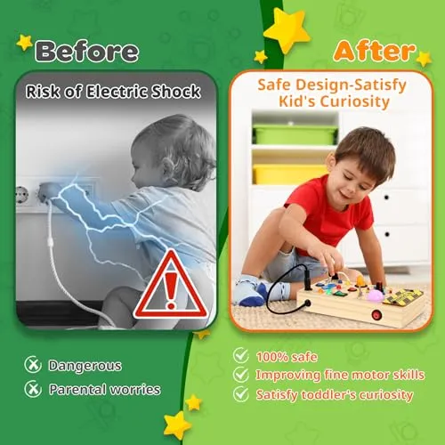 Ophy Giochi Montessori Busy Board 1 Anno, Bambini Giochi in Legno, Montessori Sensoriale con 9 Interruttori 16 Luci a LED, Giochi Educativi Giocattolo per Bambini 2 3 4 Anni